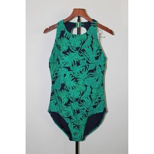 Lands' End Women's High Neck One Piece Swimsuit Tropical Palm Navy Green Large
